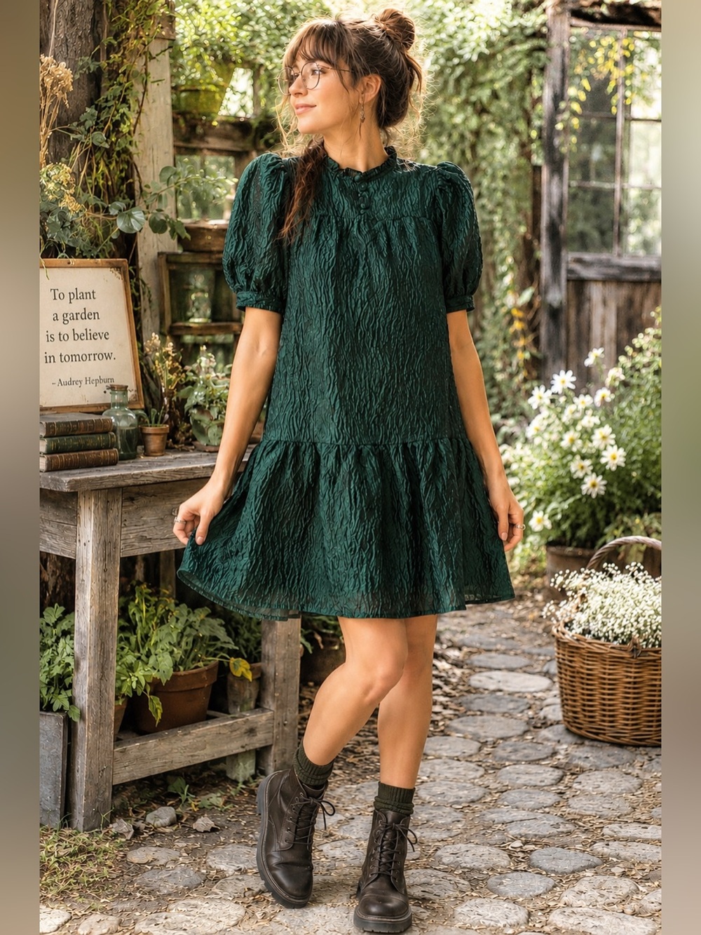 Moon River Emerald Green Textured Puff Sleeve Babydoll Dress Large Cottagecore L